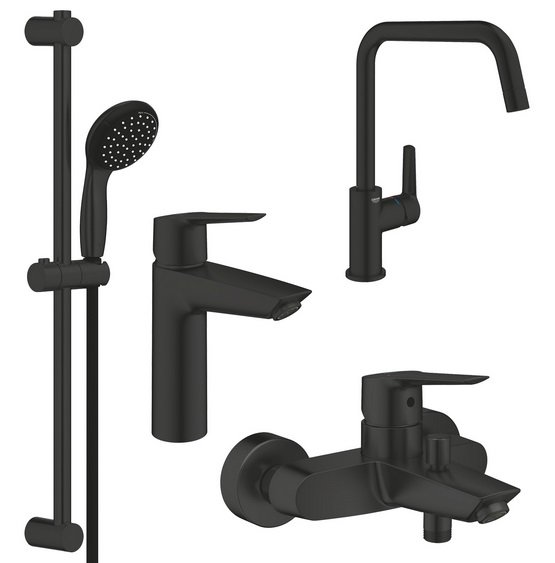 Комплект смесителей для ванной и кухни Grohe QuickFix Start 4 в 1 с душевым набором черный матовый UA303301MK