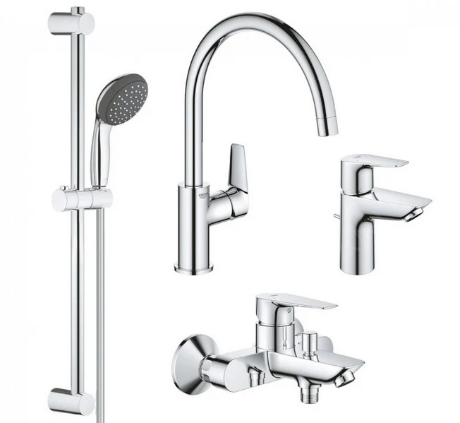 Комплект смесителей для ванной и кухни Grohe QuickFix Start Edge 4 в 1 с душевым набором хром UA202501SK