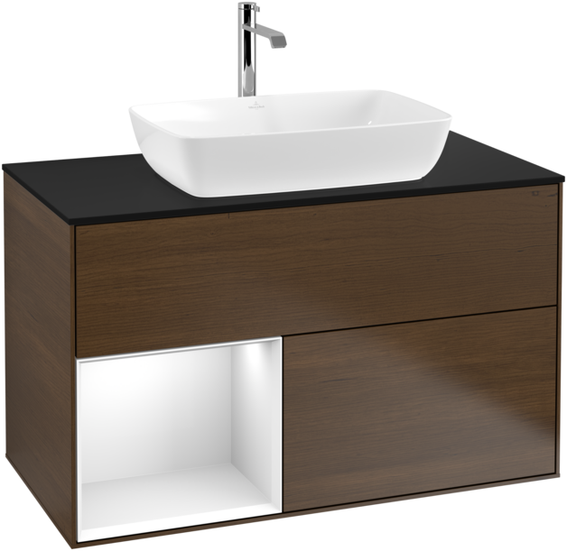 Тумба під раковину Villeroy & Boch Finion 100х50,1 см із підсвічуванням МДФ шпон волоського горіха/скло чорне матове F772GFGN