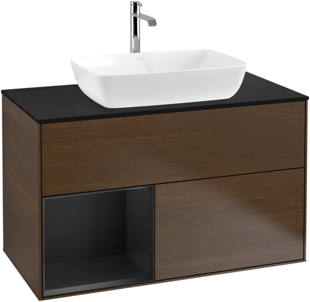 Тумба під раковину Villeroy & Boch Finion 100х50,1 см із підсвічуванням МДФ шпон волоського горіха/скло чорне матове F772PDGN