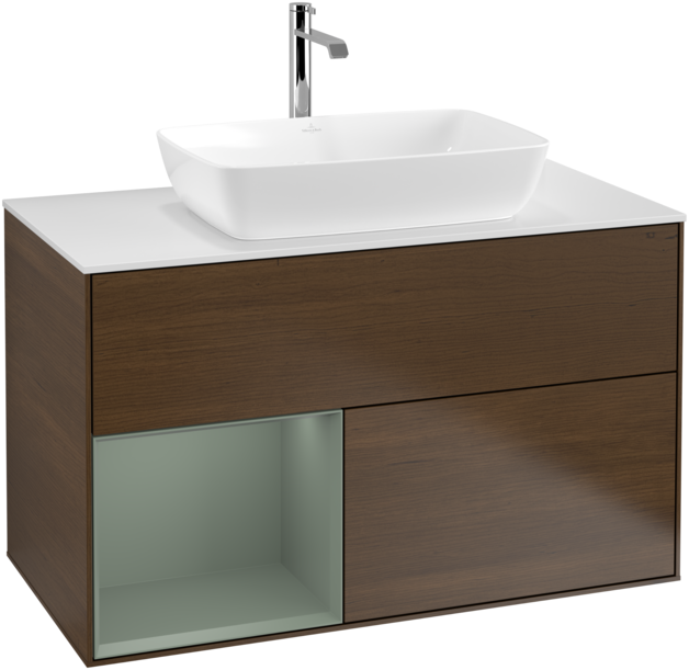 Тумба под раковину Villeroy & Boch Finion 100х50,1 см с подсветкой МДФ шпон грецкого ореха/стекло белое матовое F771GMGN