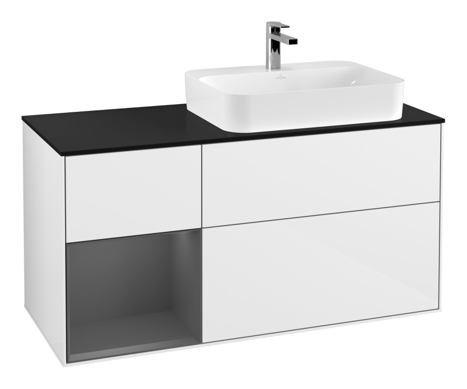 Тумба під раковину Villeroy & Boch Finion 120х50,1 см с подсветкой МДФ білий глянцевий лак/скло чорне матове G392GKGF