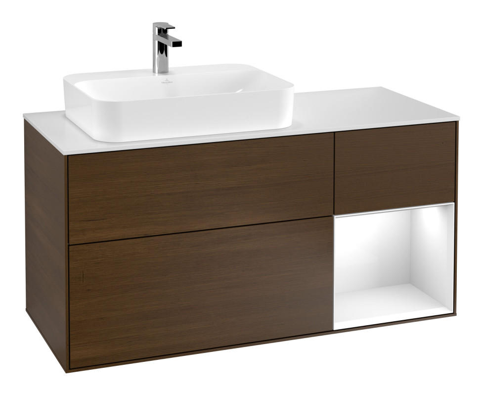 Тумба под раковину Villeroy & Boch Finion 120х50,1 см с подсветкой МДФ шпон грецкого ореха/стекло белое матовое F401GFGN