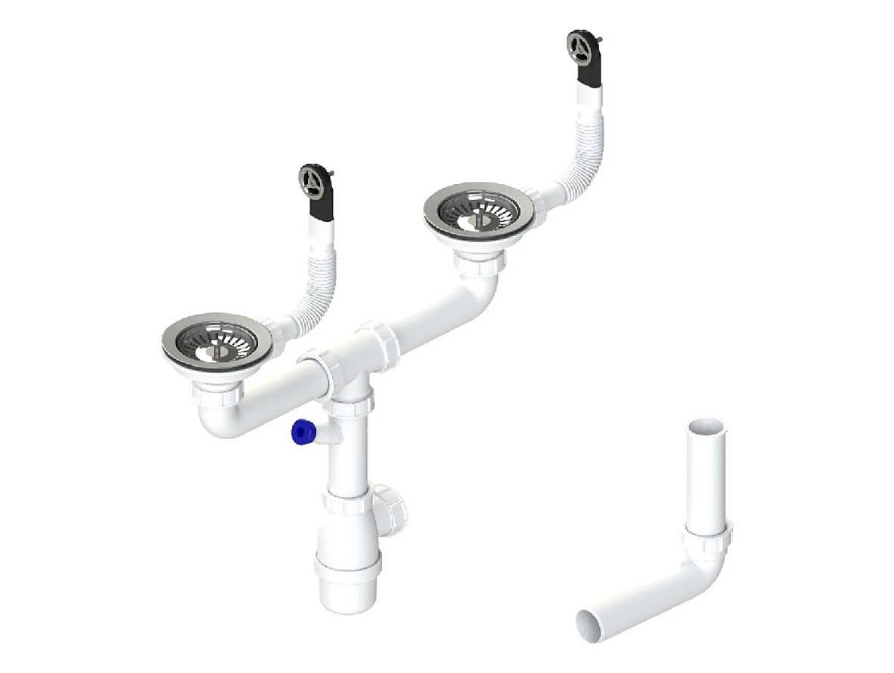 Сифон для кухонной мойки двойной с переливами пластик/металл матовый 00004FM