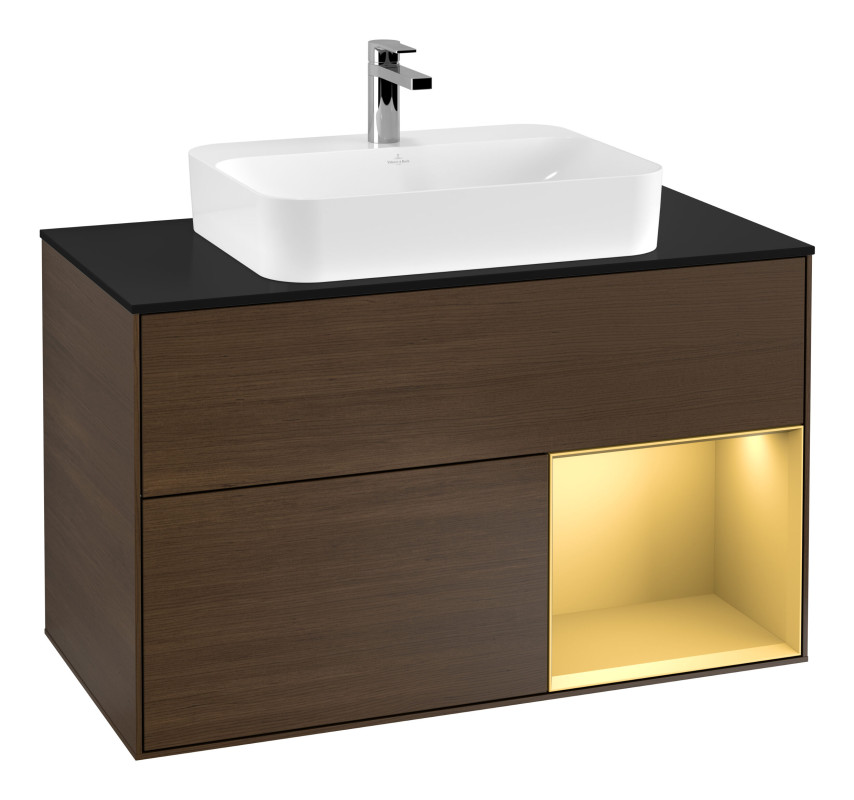 Тумба под раковину Villeroy & Boch Finion 100х50,1 см с подсветкой МДФ шпон грецкого ореха/стекло черное матовое G372HFGN