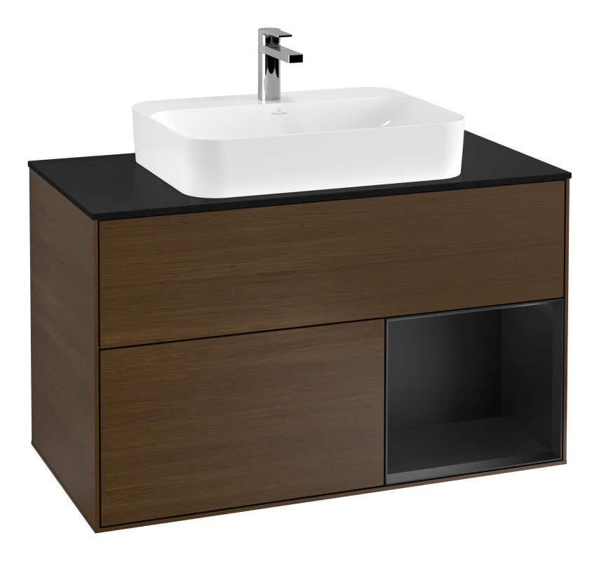 Тумба под раковину Villeroy & Boch Finion 100х50,1 см с подсветкой МДФ шпон грецкого ореха/стекло черное матовое G372PDGN