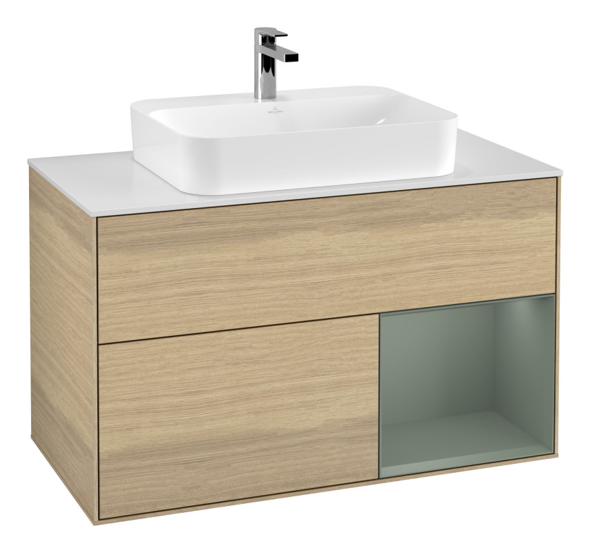 Тумба под раковину Villeroy & Boch Finion 100х50,1 см с подсветкой МДФ шпон дуба/стекло белое матовое G371GMPC