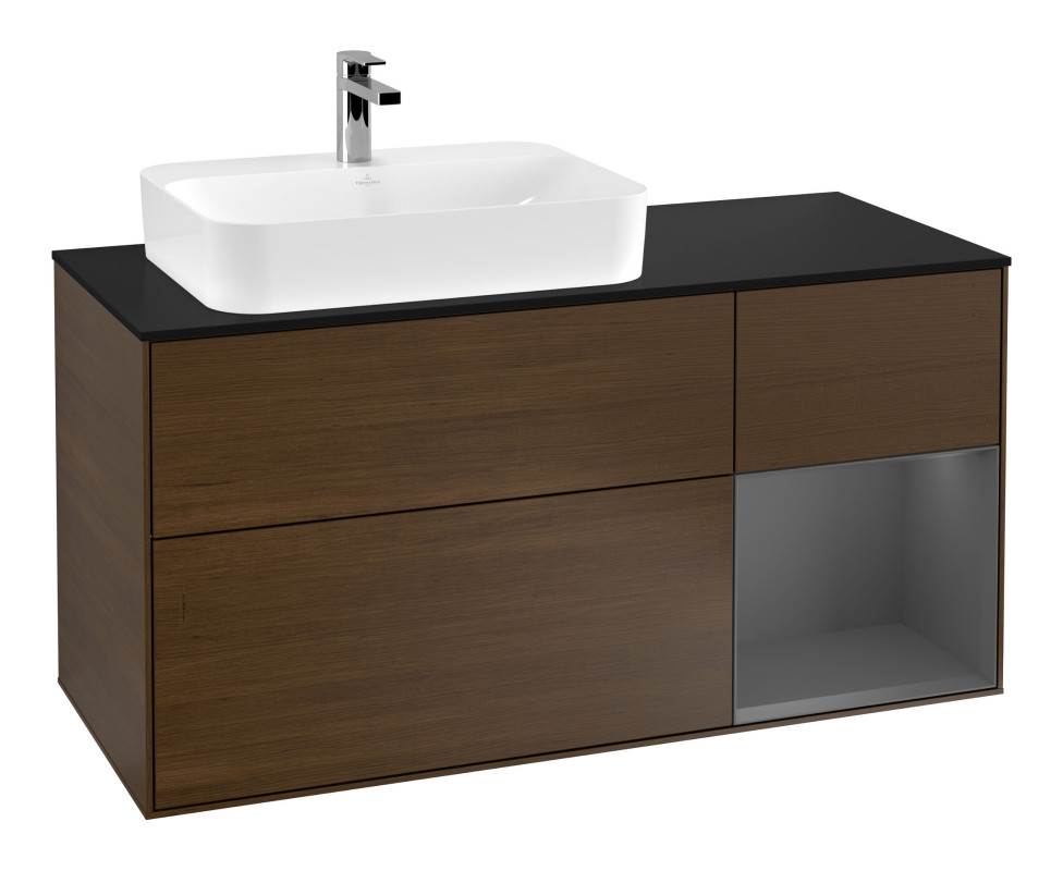 Тумба під раковину Villeroy & Boch Finion 120х50,1 см із підсвічуванням МДФ шпон волоського горіха/скло чорне матове F402GKGN