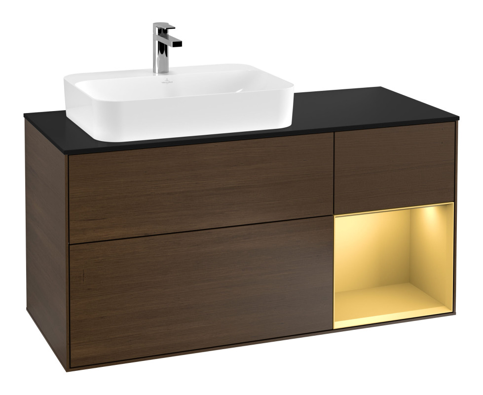 Тумба под раковину Villeroy & Boch Finion 120х50,1 см с подсветкой МДФ шпон грецкого ореха/стекло черное матовое F402HFGN