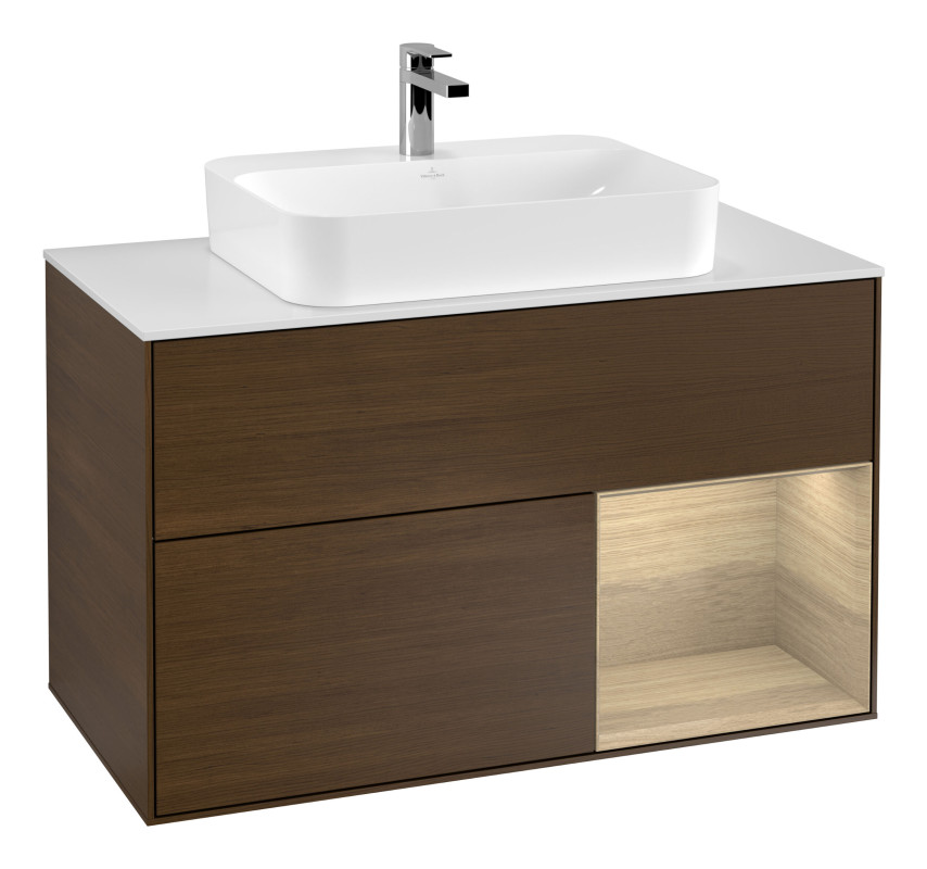 Тумба под раковину Villeroy & Boch Finion 100х50,1 см с подсветкой МДФ шпон грецкого ореха/стекло белое матовое G371PCGN