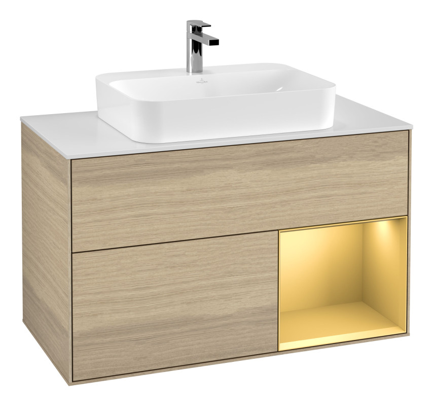 Тумба под раковину Villeroy & Boch Finion 100х50,1 см с подсветкой МДФ шпон дуба/стекло белое матовое G371HFPC