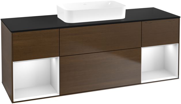 Тумба під раковину Villeroy & Boch Finion 160х50,1 см із підсвічуванням МДФ шпон волоського горіха/скло чорне матове G742MTGN