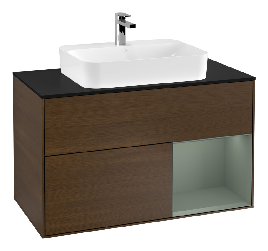 Тумба под раковину Villeroy & Boch Finion 100х50,1 см с подсветкой МДФ шпон грецкого ореха/стекло черное матовое G372GMGN