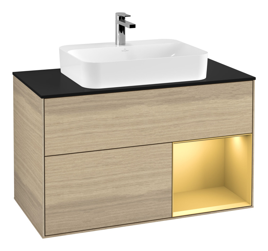 Тумба под раковину Villeroy & Boch Finion 100х50,1 см с подсветкой МДФ шпон дуба/стекло черное матовое G372HFPC