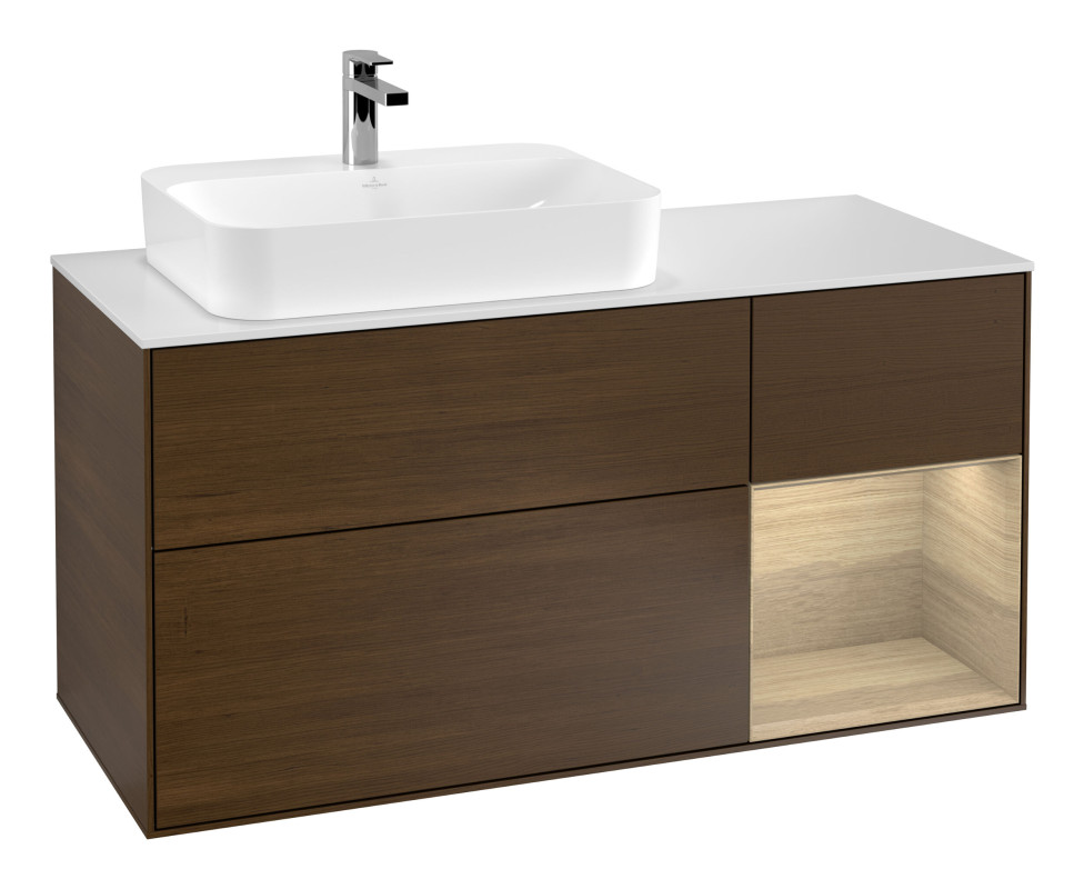 Тумба под раковину Villeroy & Boch Finion 120х50,1 см с подсветкой МДФ шпон грецкого ореха/стекло белое матовое G401PCGN