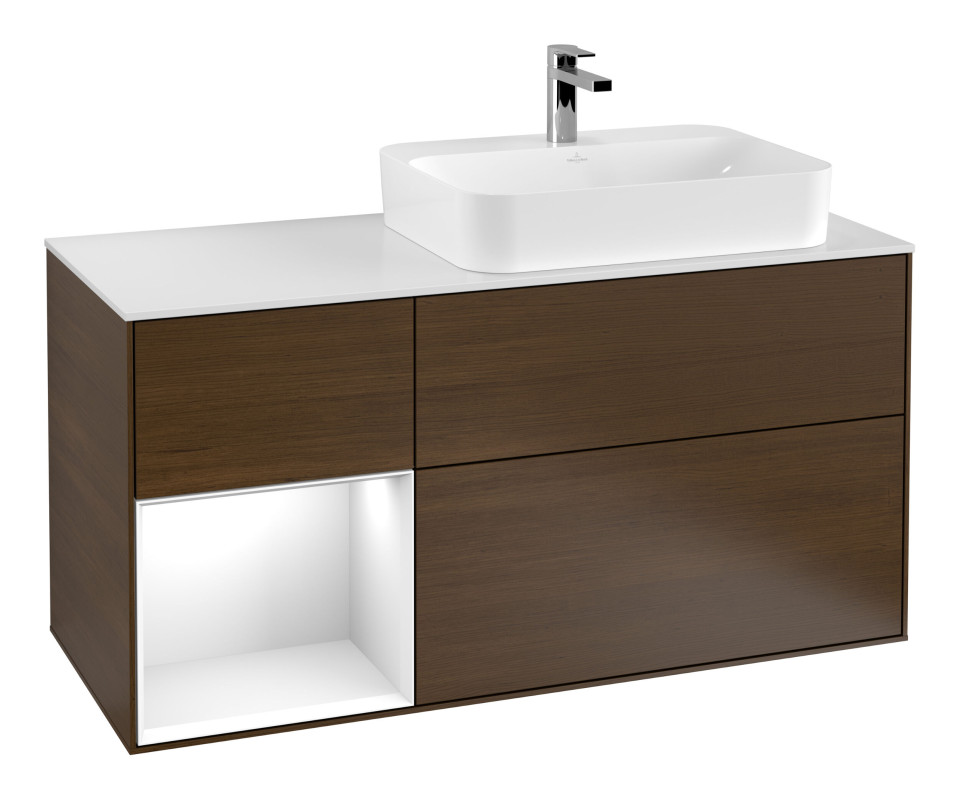 Тумба под раковину Villeroy & Boch Finion 120х50,1 см с подсветкой МДФ шпон грецкого ореха/стекло белое матовое F391GFGN