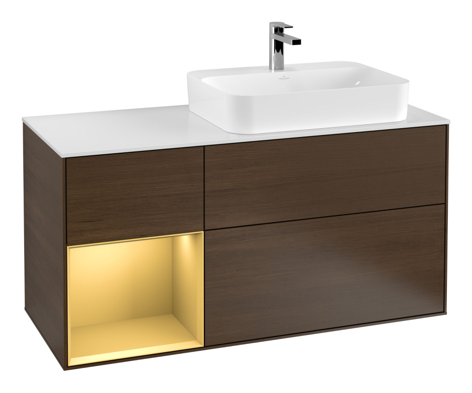 Тумба под раковину Villeroy & Boch Finion 120х50,1 см с подсветкой МДФ шпон грецкого ореха/стекло белое матовое F391HFGN