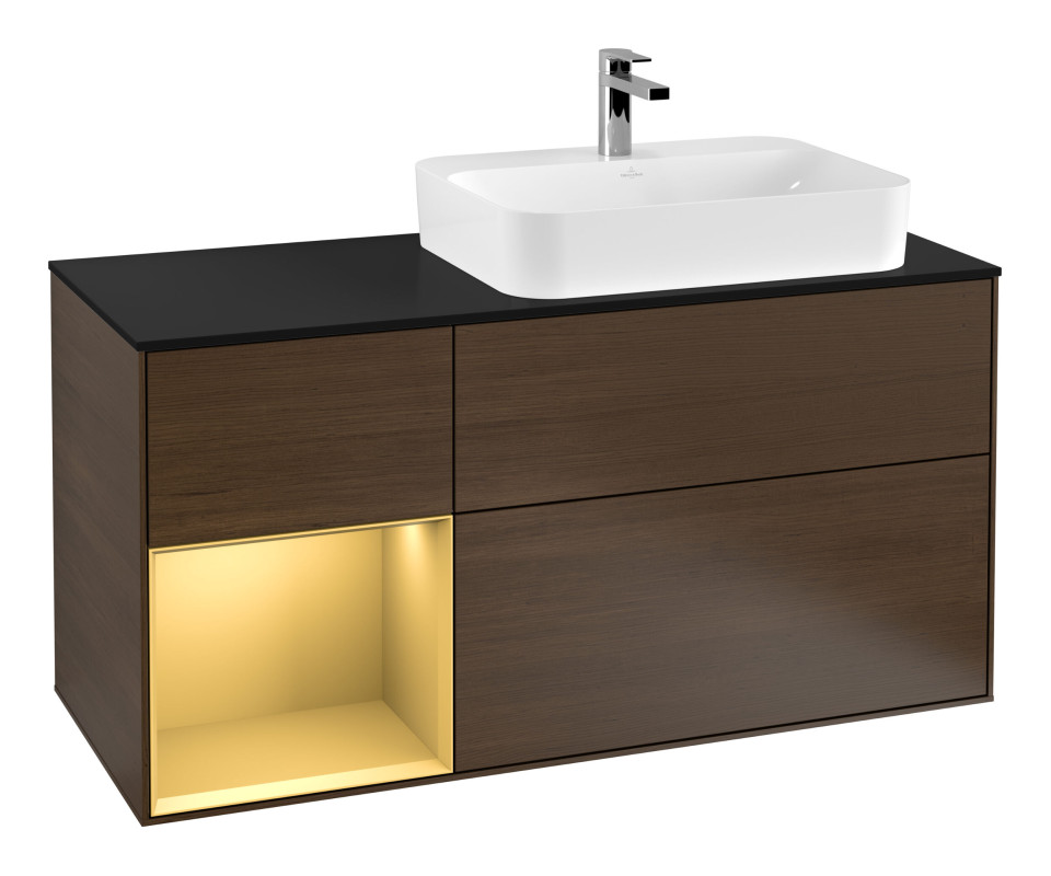 Тумба під раковину Villeroy & Boch Finion 120х50,1 см із підсвічуванням МДФ шпон волоського горіха/скло чорне матове F392HFGN