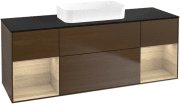 Тумба під раковину Villeroy & Boch Finion 160х50,1 см із підсвічуванням МДФ шпон волоського горіха/скло чорне матове G742PCGN