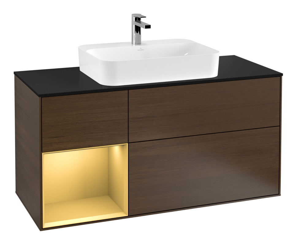 Тумба під раковину Villeroy & Boch Finion 120х50,1 см із підсвічуванням МДФ шпон волоського горіха/скло чорне матове G412HFGN