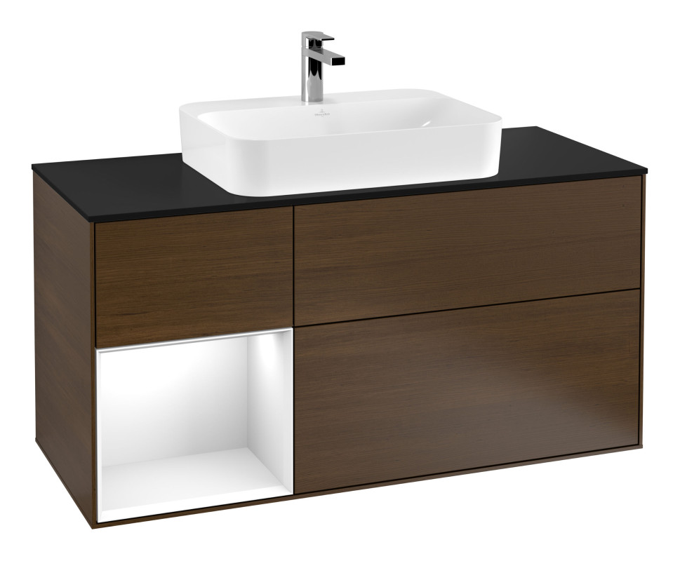 Тумба під раковину Villeroy & Boch Finion 120х50,1 см із підсвічуванням МДФ шпон волоського горіха/скло чорне матове F412GFGN