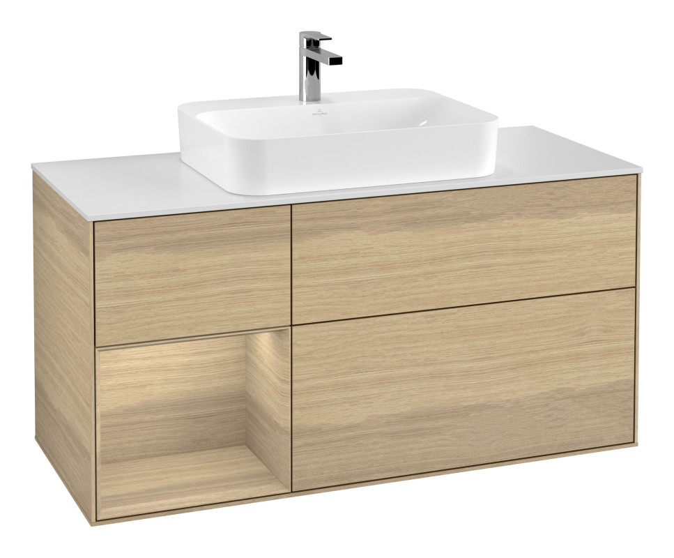 Тумба під раковину Villeroy & Boch Finion 120х50,1 см із підсвічуванням МДФ шпон дуба/скло біле матове G411PCPC