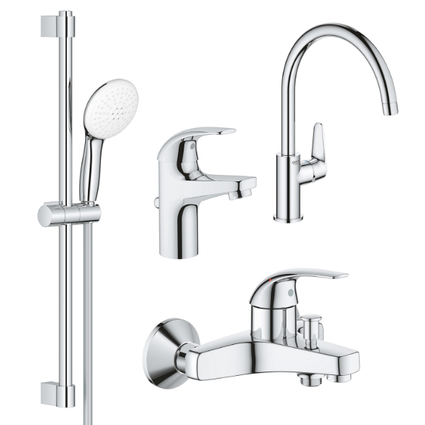 Комплект смесителей для ванной Grohe BauCurve 4 в 1 с душевым набором и смесителем для кухни хром UA122218K1