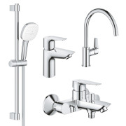 Комплект смесителей для ванной Grohe BauEdge New 4 в 1 с душевым набором и смесителем для кухни хром UA123218K1