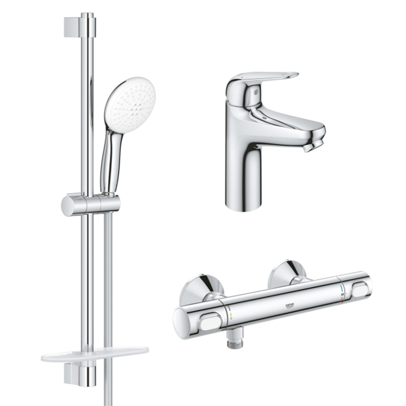 Комплект змішувачів для ванної Grohe Euroeco New 3 в 1 з термостатом та душовим набором хром UA123241M0