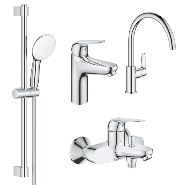Комплект змішувачів для ванної Grohe Euroeco New 4 в 1 з душовим набором та змішувачем для кухні хром UA123242MK