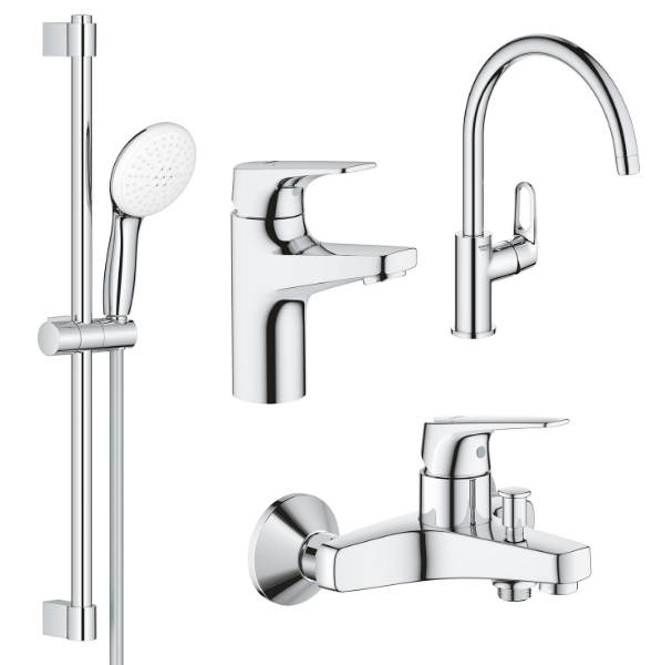Комплект смесителей для ванной Grohe BauFlow 4 в 1 с душевым набором и смесителем для кухни хром UA121640K1