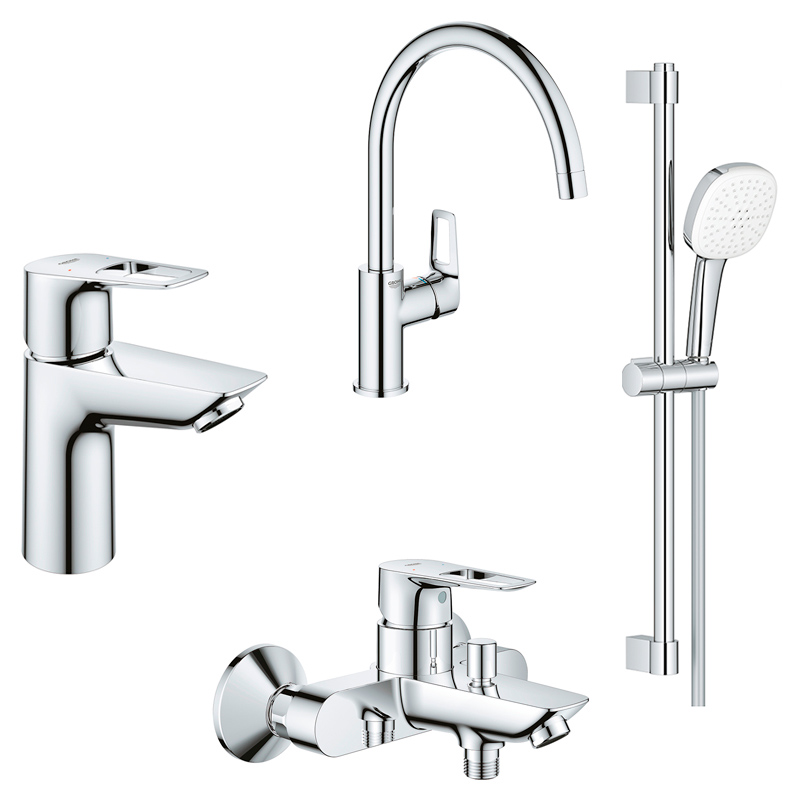 Комплект смесителей для ванной Grohe BauLoop New 4 в 1 с душевым набором и смесителем для кухни хром UA123225K3