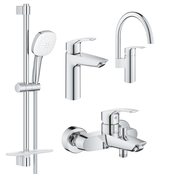 Комплект смесителей для ванной Grohe Eurosmart 4 в 1 с душевым набором и смесителем для кухни хром UA123248M3