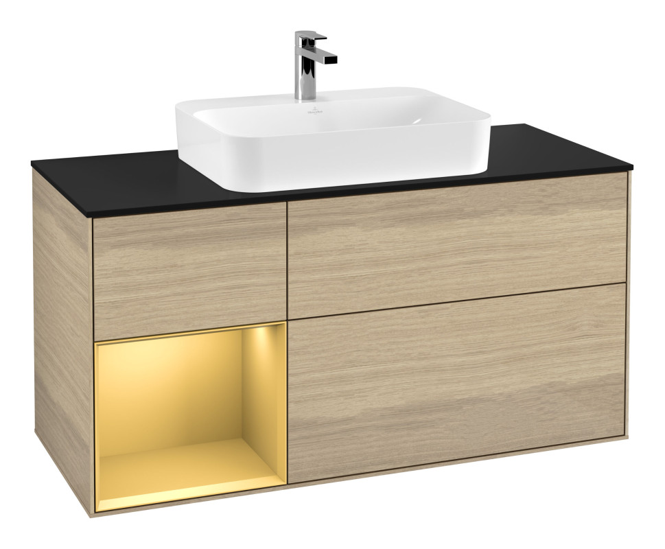 Тумба под раковину Villeroy & Boch Finion 120х50,1 см с подсветкой МДФ шпон дуба/стекло черное матовое G412HFPC