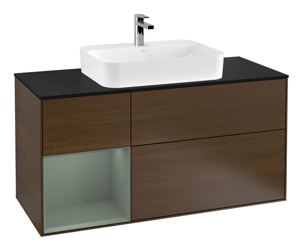 Тумба під раковину Villeroy & Boch Finion 120х50,1 см із підсвічуванням МДФ шпон волоського горіха/скло чорне матове G412GMGN