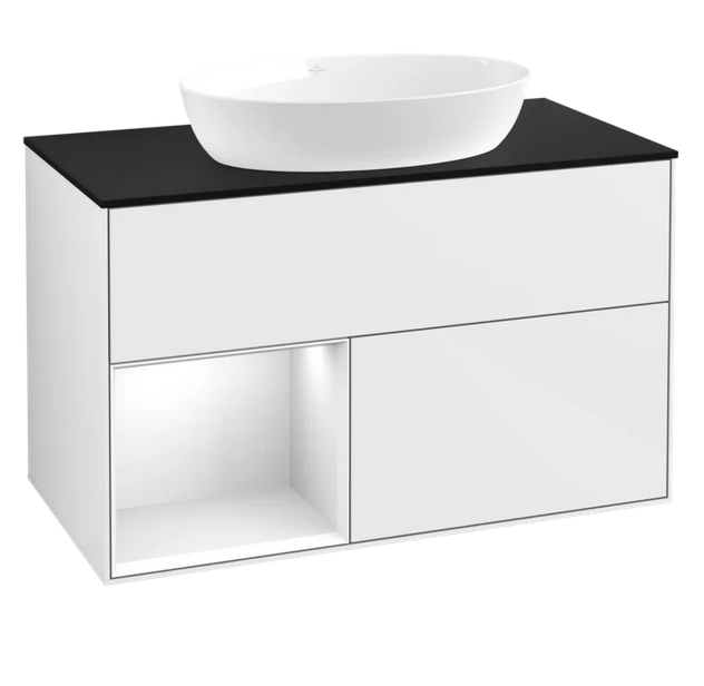 Тумба под раковину Villeroy & Boch Finion 100х50,1 см с подсветкой МДФ глянцевый белый лак/стекло черное матовое FA12GFGF