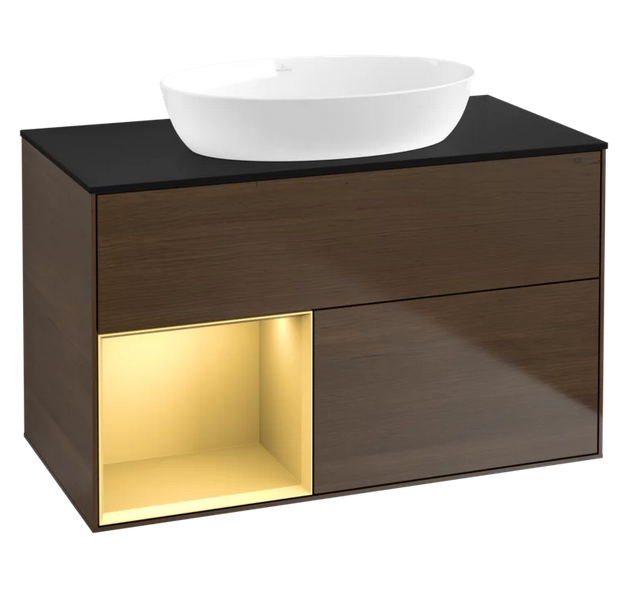 Тумба под раковину Villeroy & Boch Finion 100х50,1 см с подсветкой МДФ шпон грецкого ореха/стекло черное матовое FA12HFGN