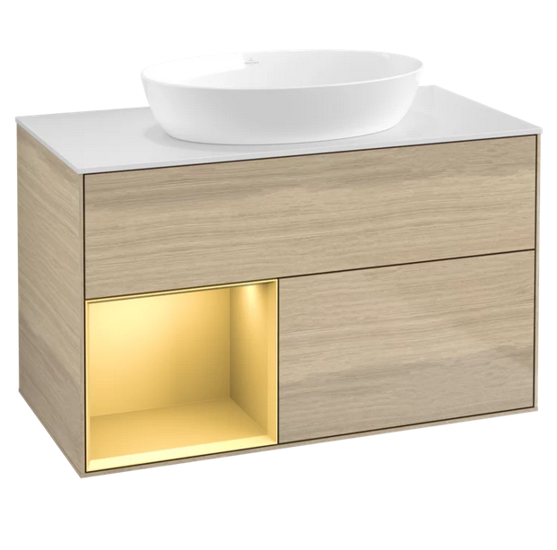 Тумба под раковину Villeroy & Boch Finion 100х50,1 см с подсветкой МДФ шпон дуба/стекло белое матовое FA11HFPC