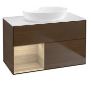 Тумба под раковину Villeroy & Boch Finion 100х50,1 см с подсветкой МДФ шпон грецкого ореха/стекло белое матовое FA11PCGN