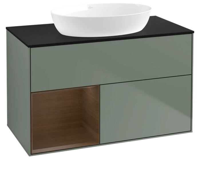 Тумба под раковину Villeroy & Boch Finion 100х50,1 см с подсветкой МДФ оливковый матовый лак/стекло черное матовое FA12GNGM