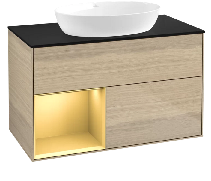 Тумба под раковину Villeroy & Boch Finion 100х50,1 см с подсветкой МДФ шпон дуба/стекло черное матовое FA12HFPC