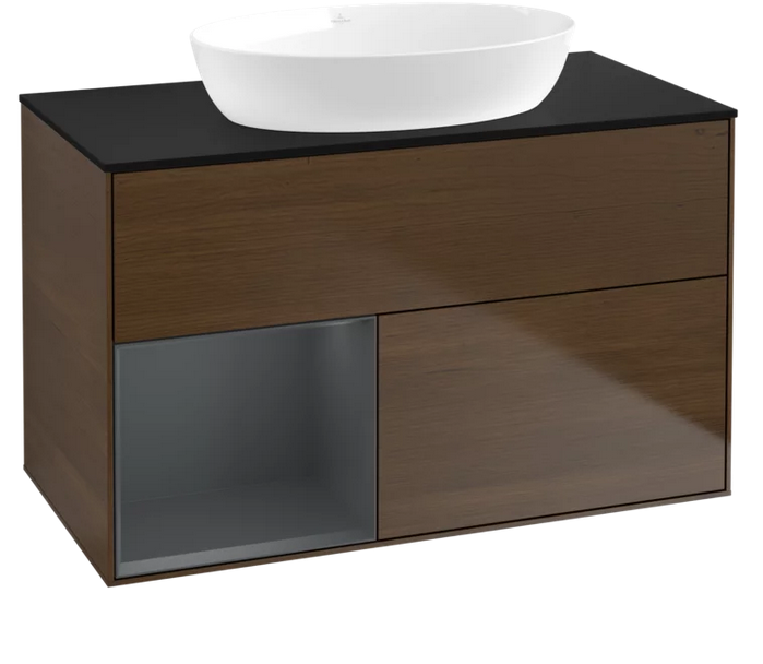 Тумба під раковину Villeroy & Boch Finion 100х50,1 см з підсвічуванням МДФ шпон волоського горіха/скло чорне матове FA12HGGN