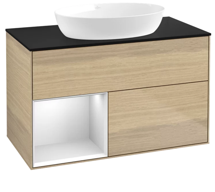 Тумба під раковину Villeroy & Boch Finion 100х50,1 см із підсвічуванням МДФ шпон дуба/скло чорне матове FA12MTPC