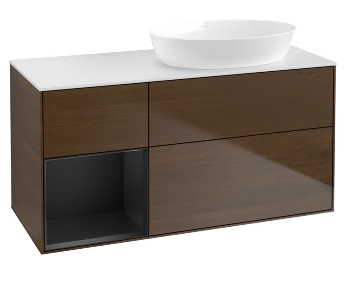 Тумба под раковину Villeroy & Boch Finion 120х50,1 см с подсветкой МДФ шпон грецкого ореха/стекло белое матовое FA41PDGN