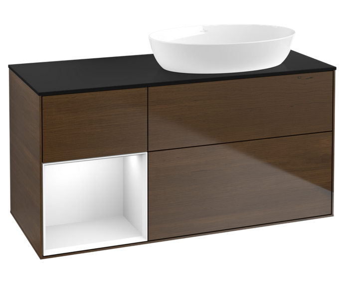 Тумба під раковину Villeroy & Boch Finion 120х50,1 см з підсвічуванням МДФ шпон волоського горіха/скло чорне матове FA42GFGN