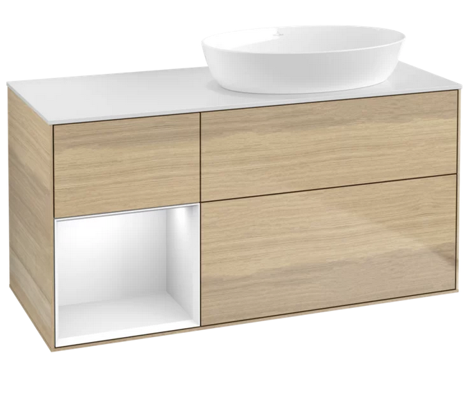 Тумба під раковину Villeroy & Boch Finion 120х50,1 см із підсвічуванням МДФ шпон дуба/скло біле матове FA41GFPC