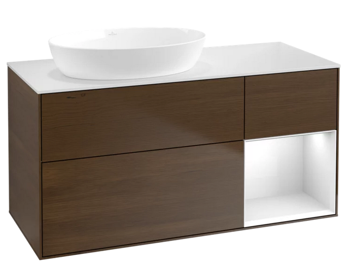 Тумба под раковину Villeroy & Boch Finion 120х50,1 см с подсветкой МДФ шпон грецкого ореха/стекло белое матовое FA51GFGN