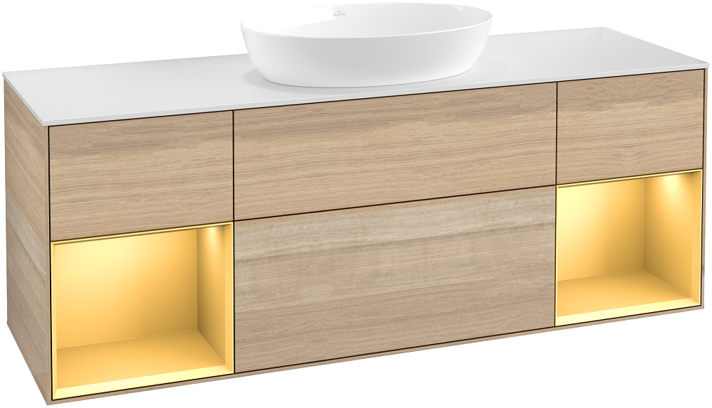 Тумба под раковину Villeroy & Boch Finion 160х50,1 см с подсветкой МДФ шпон дуба/стекло белое матовое FD01HFPC