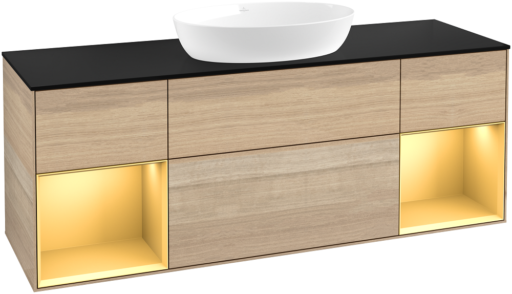 Тумба под раковину Villeroy & Boch Finion 160х50,1 см с подсветкой МДФ шпон дуба/стекло черное матовое FD02HFPC