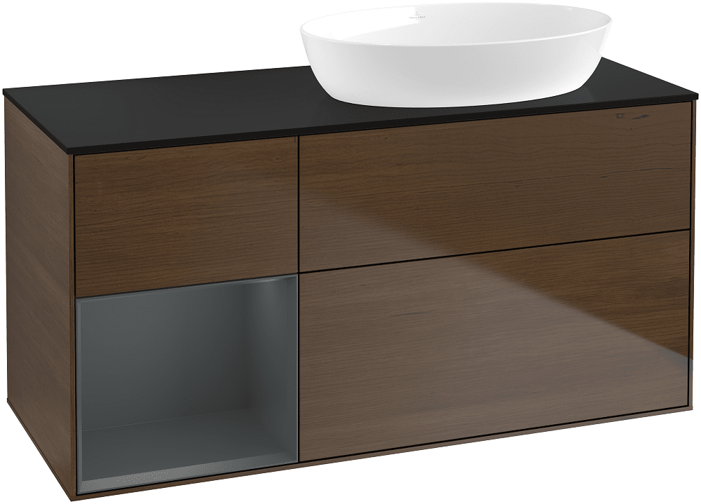 Тумба під раковину Villeroy & Boch Finion 120х50,1 см з підсвічуванням МДФ шпон волоського горіха/скло чорне матове GA42HGGN